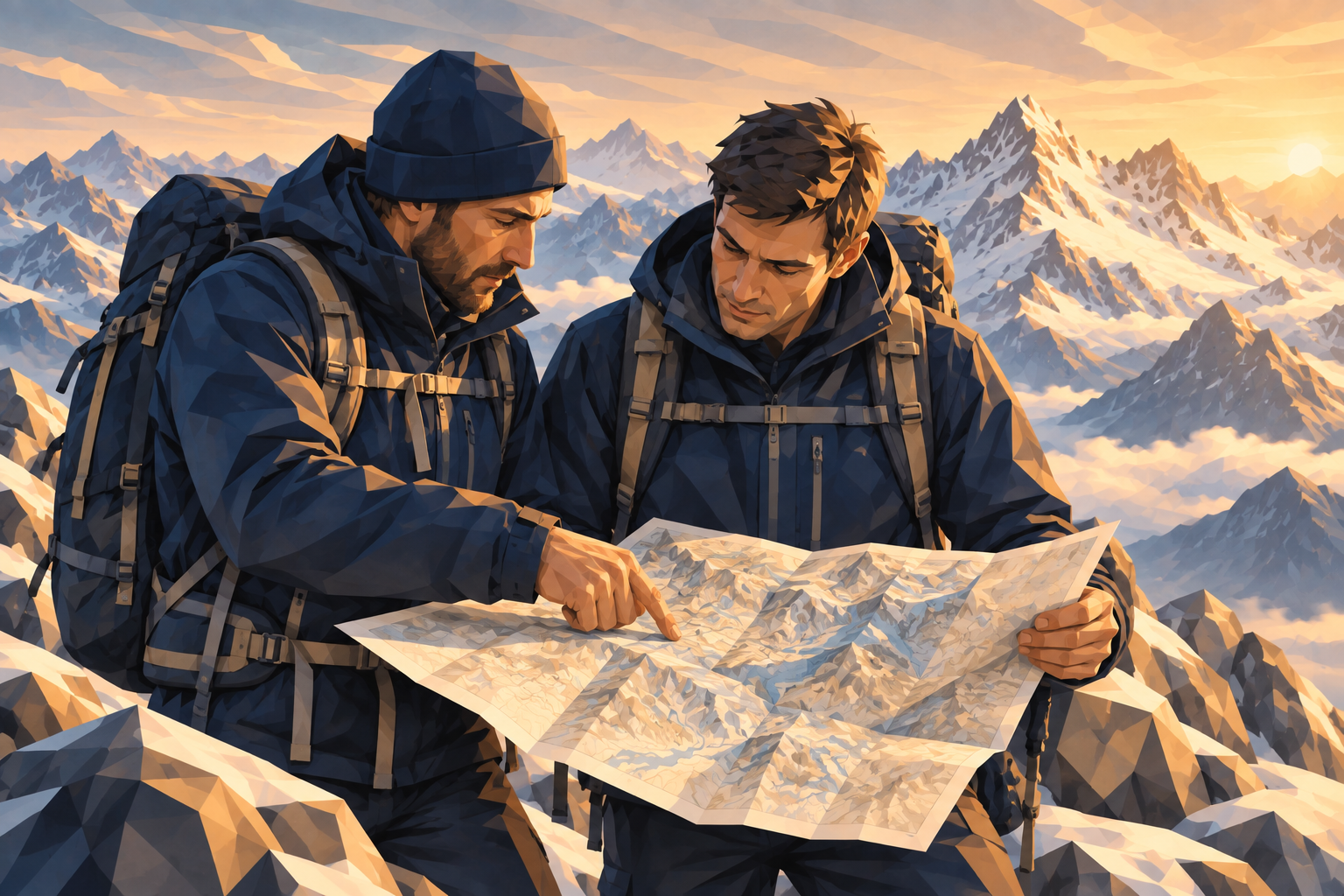 Deux alpinistes consultent une carte sur une crête alpine