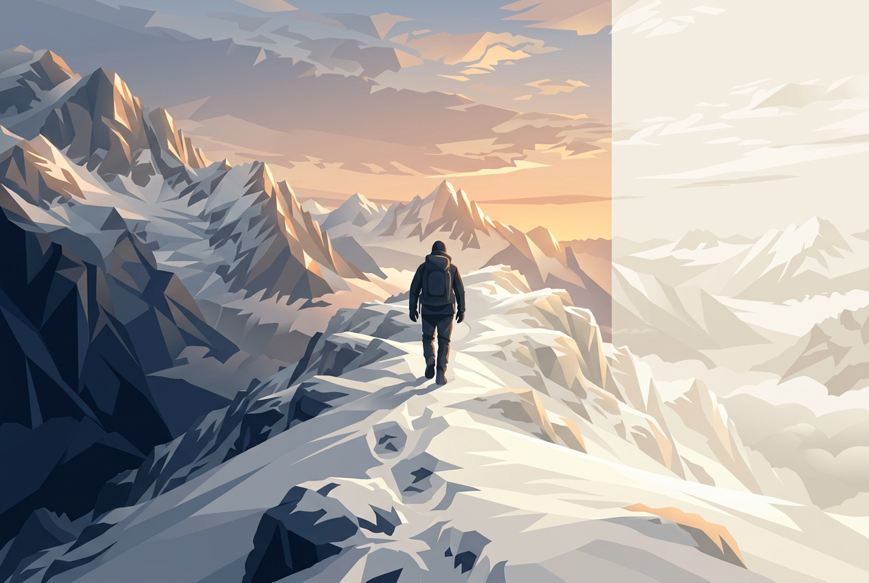 Un alpiniste avance sur une crête vers le sommet